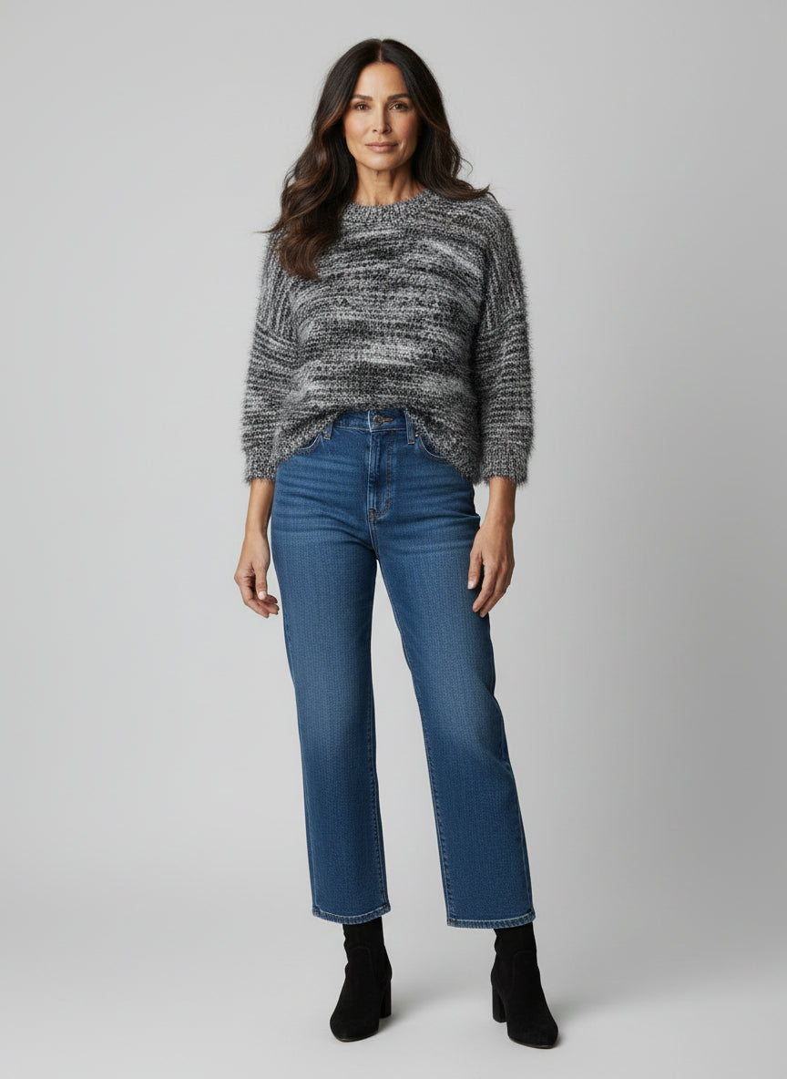 Black Variegated Stripe Eyelash Knit Pullover Jumpers