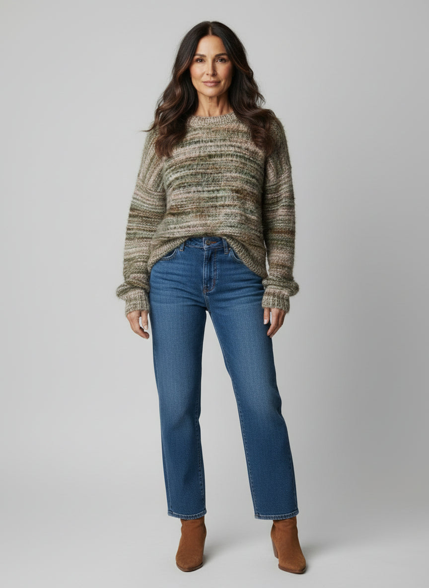 Green Variegated Stripe Eyelash Knit Pullover Jumpers