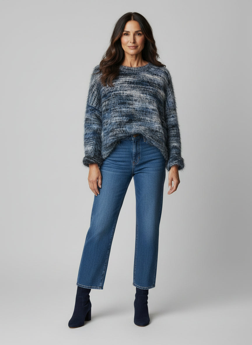 Blue Variegated Stripe Eyelash Knit Pullover Jumpers