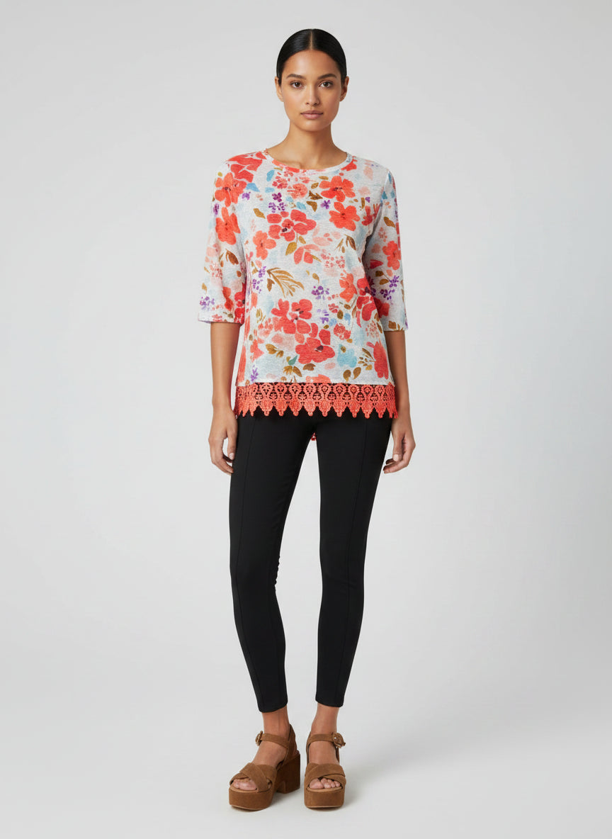 Floral Printed Long Top with 3/4 Sleeves