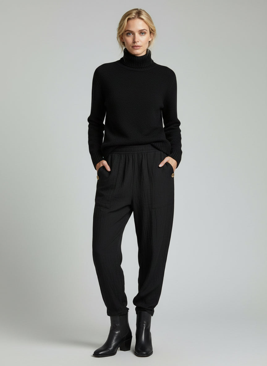 Black Relaxed Trousers with Buttoned Thigh Pockets
