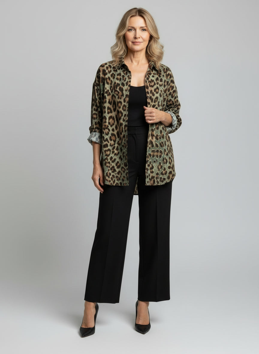 Green Leopard Print Relaxed Fit Button Up Shirt