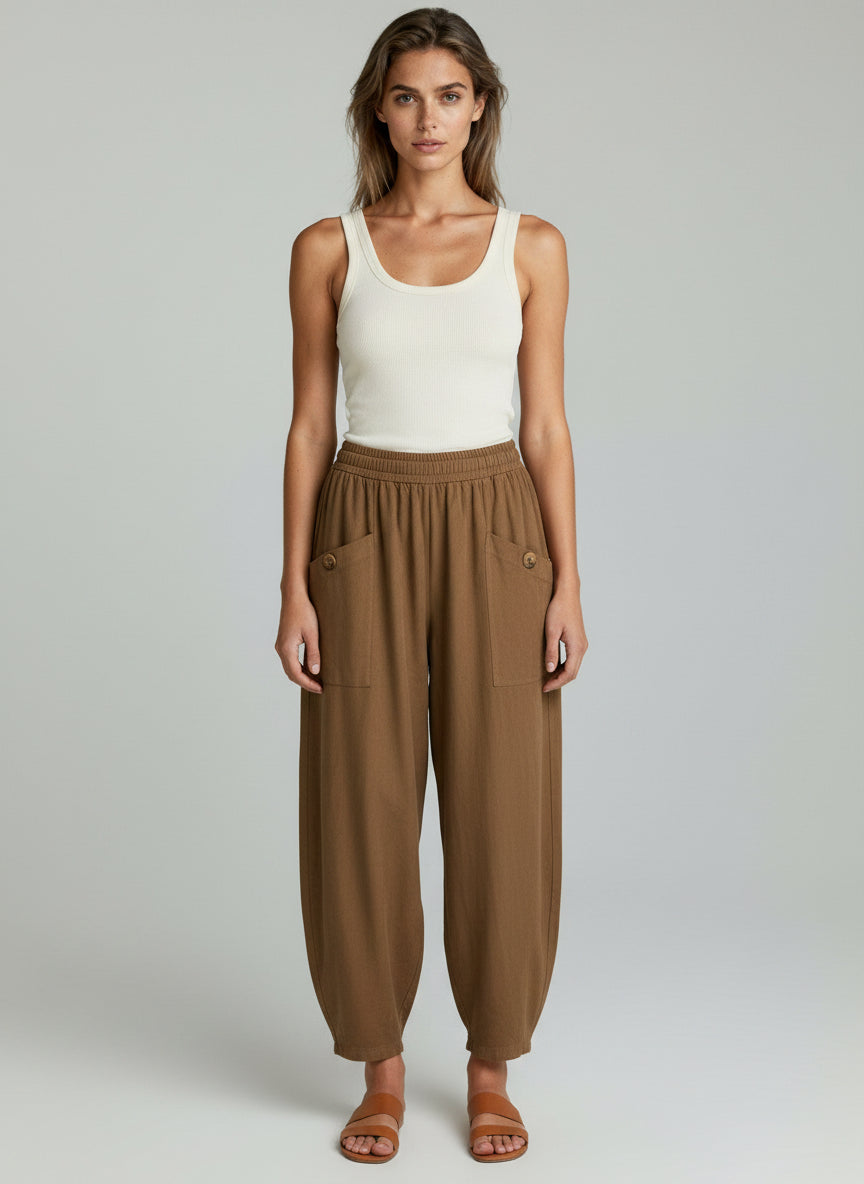 Tan Relaxed Trousers with Buttoned Thigh Pockets