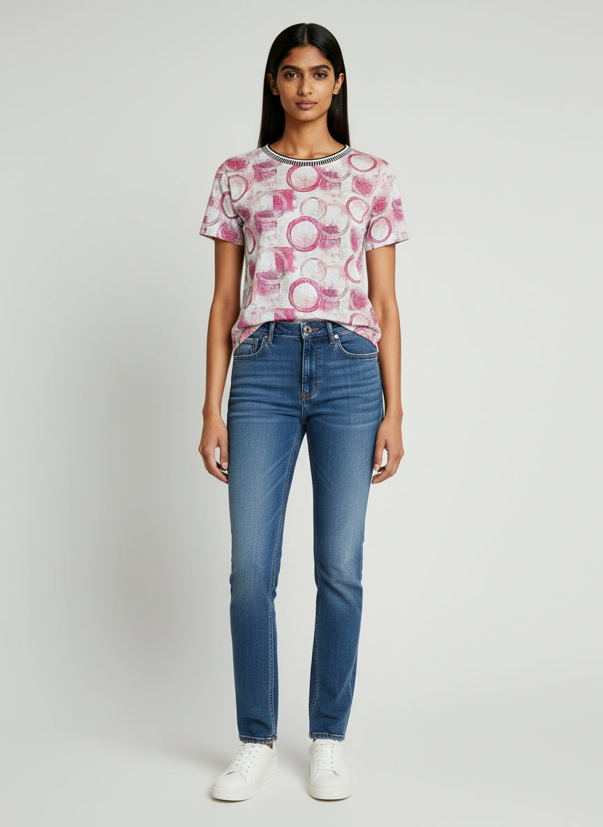 Printed T-Shirt with Crew Neck Lace Detail
